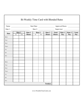 Bi-Weekly Time Card 2 Blended Rates Time Card