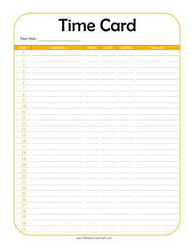 Child Monthly Time Card Time Card