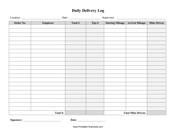 Daily Delivery Log Time Card