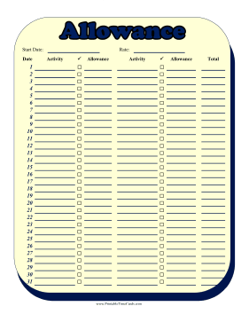 Monthly Allowance Multiple Activities Time Card Time Card