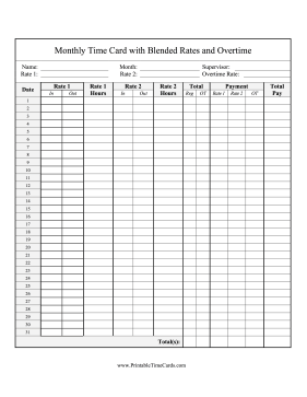Monthly Time Card 2 Blended Rates Overtime Time Card