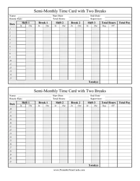 Semi-Monthly Time Card Two Breaks Time Card