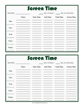 Weekly Screen Time Card Time Card