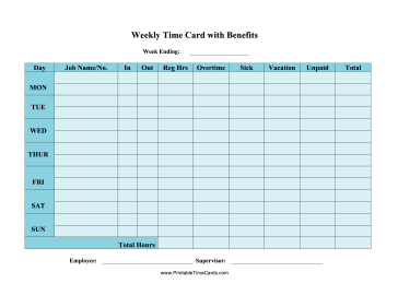 Weekly Time Card with Benefits Time Card