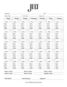Monthly Time Card Calendar July