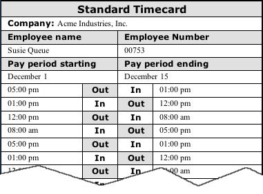 sample of $7.00 printable time card