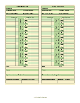 7-Day Time Card Green Time Card