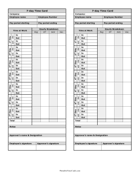 7-Day Time Card Hourly Breakdown Time Card