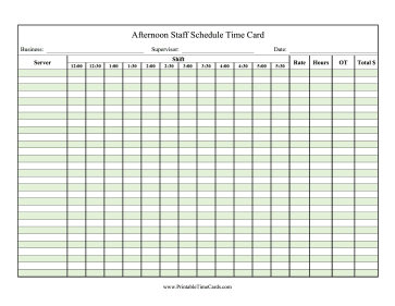 Afternoon Schedule Time Card Time Card