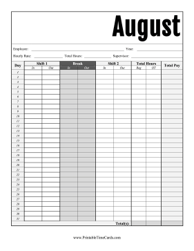 August Time Card Time Card
