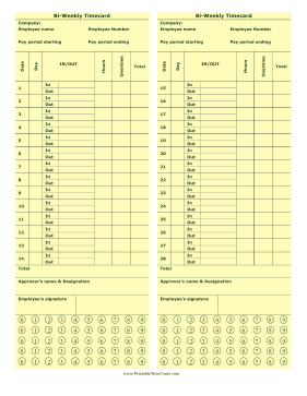 Bi-Weekly Punch Time Card Time Card