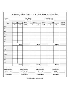 Bi-Weekly Time Card 3 Blended Rates Overtime Time Card