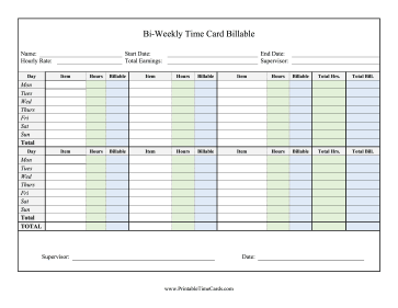 Bi-Weekly Time Card Billable Time Card