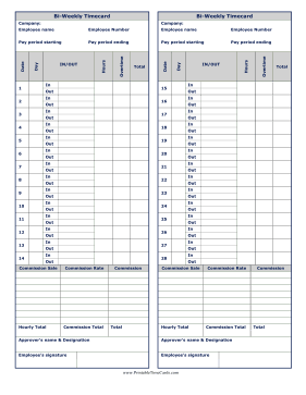 Bi-Weekly Time Card Commissions Time Card