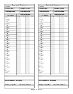 Bi-Weekly Time Card Hourly Breakdown Time Card