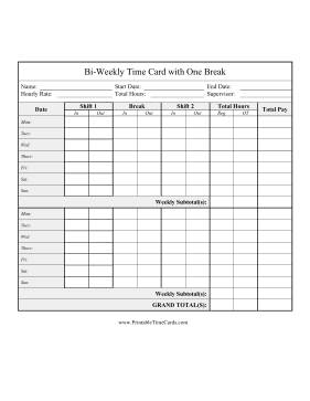 Bi-Weekly Time Card One Break Time Card