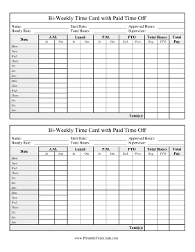 Bi-Weekly Time Card PTO Time Card