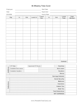 Bi-Weekly Time Card With Deductions Time Card