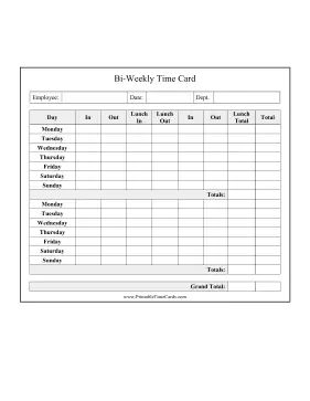 Bi-Weekly Time Card With Lunch Time Card