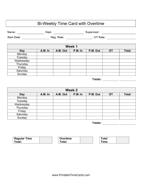 Bi-Weekly Time Card With Overtime Time Card