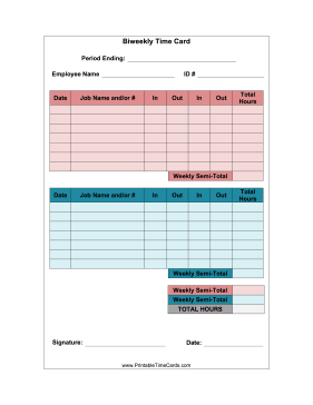 Biweekly Time Card Time Card