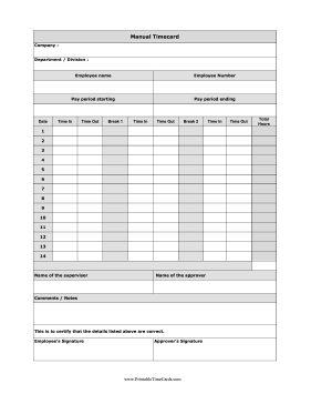 Biweekly Time Card Two Breaks Time Card