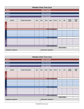 Colorful Multiple Client Time Card Horizontal Time Card