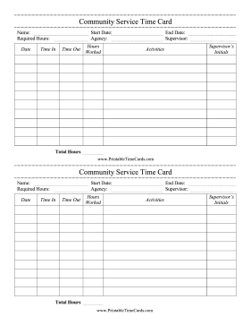 Community Service 2-per-Page Time Card
