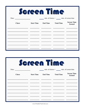 Daily Screen Time Card Time Card
