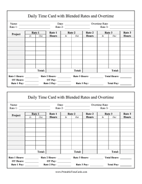 Daily Time Card 3 Blended Rates Overtime Time Card