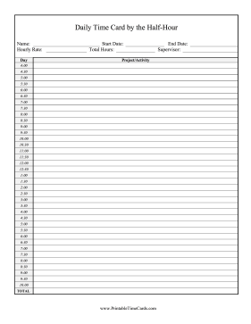 Daily Time Card By Half-Hour Time Card