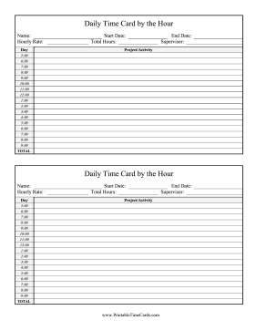 Daily Time Card By Hour Time Card