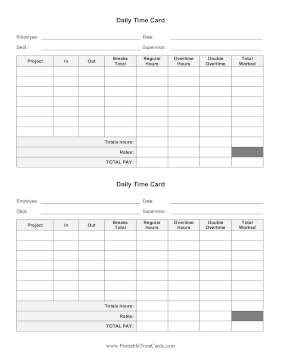 Daily Time Card Double Overtime Time Card