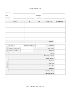 Daily Time Card With Deductions Time Card