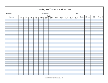 Evening Schedule Time Card Time Card
