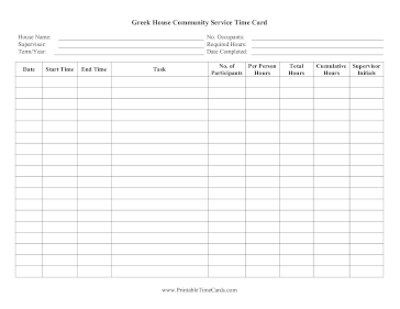 Greek House Community Service Time Card