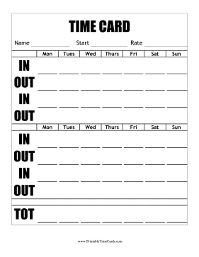 Large Print Bi-Weekly Time Card Horizontal Time Card