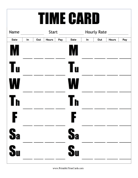 Large Print Bi-Weekly Time Card Vertical Time Card