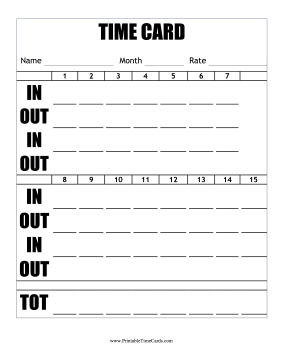 Large Print Semi-Monthly Time Card First Half Horizontal Time Card