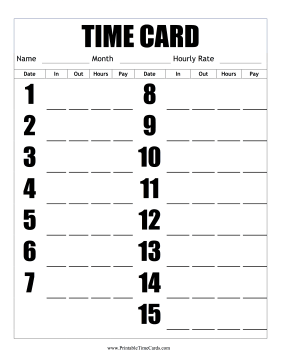 Large Print Semi-Monthly Time Card First Half Vertical Time Card