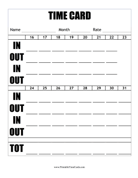 Large Print Semi-Monthly Time Card Second Half Horizontal Time Card
