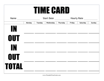 Large Print Time Card Horizontal Time Card