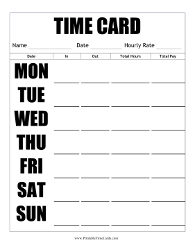 Large Print Time Card Vertical Time Card