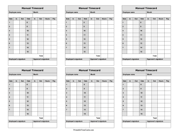 Manual Time Card Semi-Monthly First Half Mini Time Card