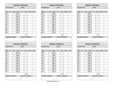 Manual Time Card Semi-Monthly Second Half Mini Time Card