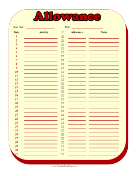 Monthly Allowance Time Card Time Card