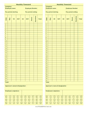 Monthly Punch Time Card Time Card