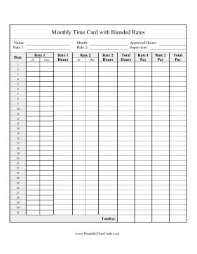 Monthly Time Card 2 Blended Rates Time Card
