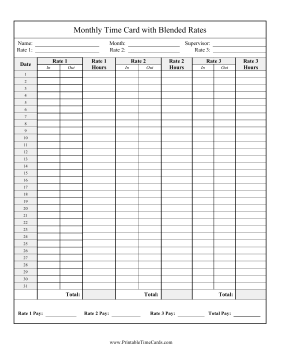 Monthly Time Card 3 Blended Rates Time Card
