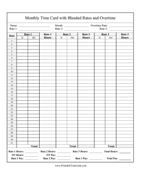 Monthly Time Card 3 Blended Rates Overtime Time Card
